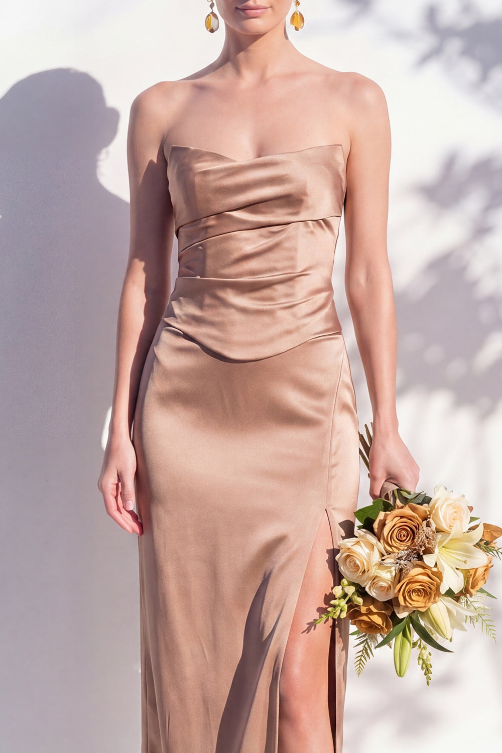 Strapless Ruched Long Butter Yellow Sheath Bridesmaid Dress with Slit