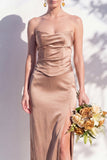 Strapless Ruched Long Butter Yellow Sheath Bridesmaid Dress with Slit