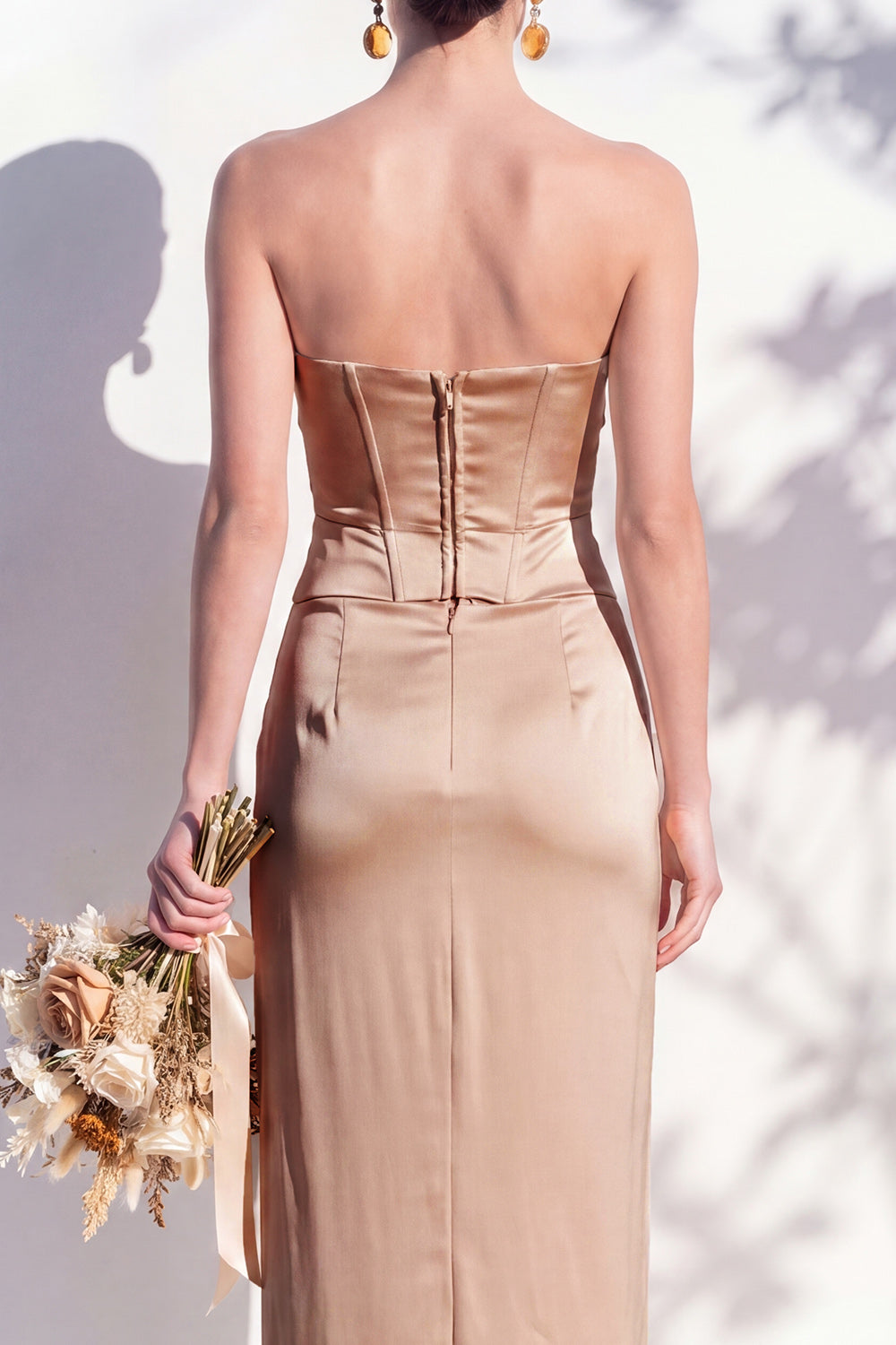 Strapless Ruched Long Butter Yellow Sheath Bridesmaid Dress with Slit