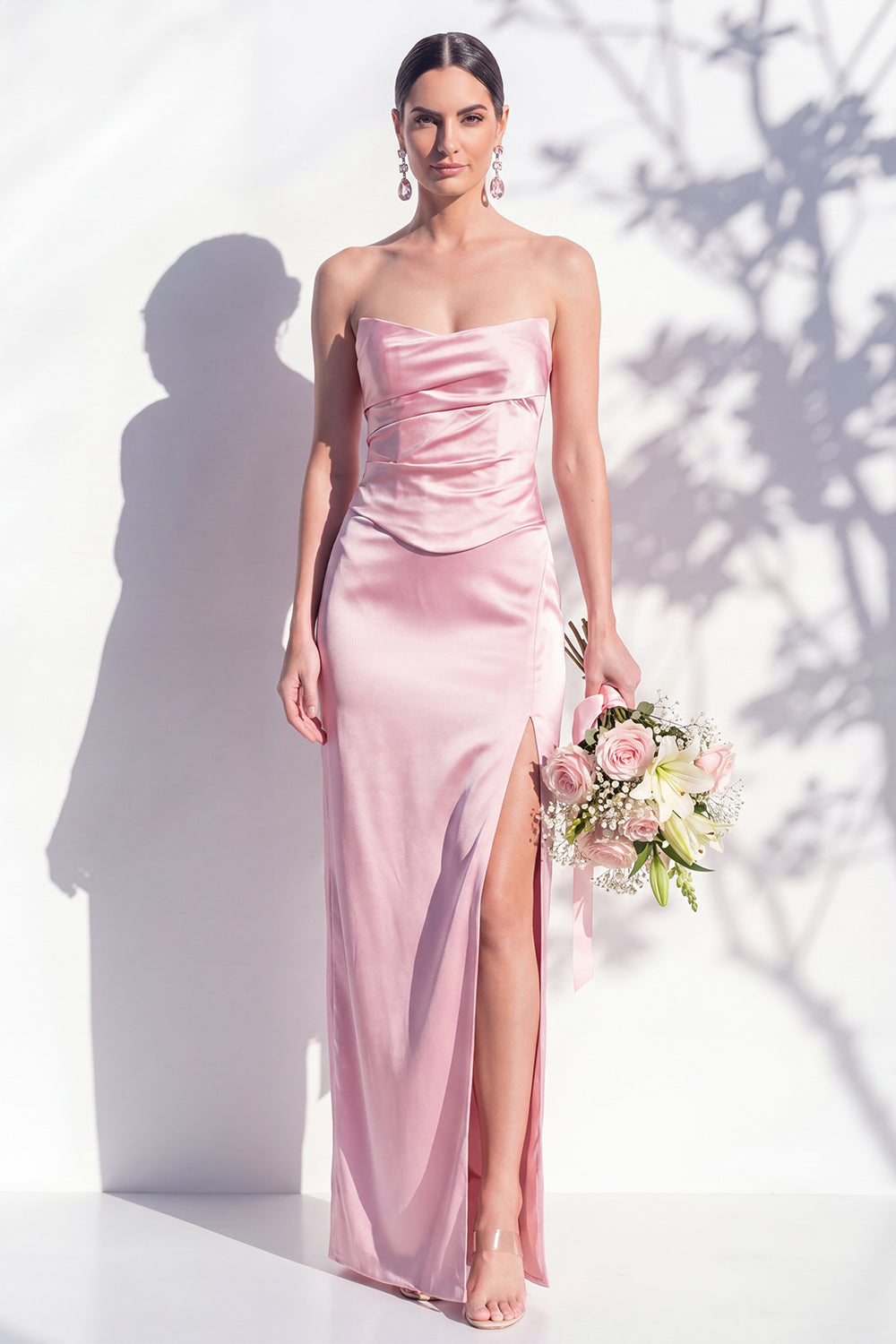 Strapless Ruched Long Butter Yellow Sheath Bridesmaid Dress with Slit