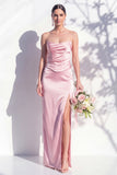 Strapless Ruched Long Butter Yellow Sheath Bridesmaid Dress with Slit