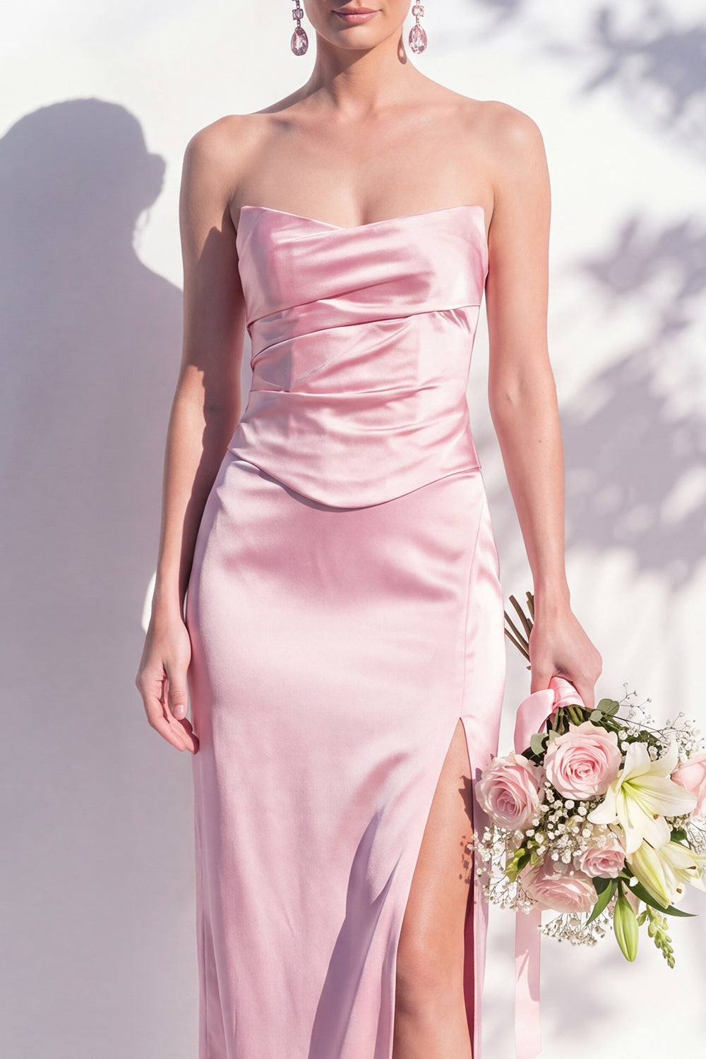 Strapless Ruched Long Butter Yellow Sheath Bridesmaid Dress with Slit
