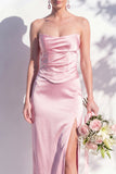 Strapless Ruched Long Butter Yellow Sheath Bridesmaid Dress with Slit