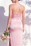 Strapless Ruched Long Butter Yellow Sheath Bridesmaid Dress with Slit
