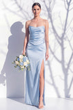 Strapless Ruched Long Butter Yellow Sheath Bridesmaid Dress with Slit