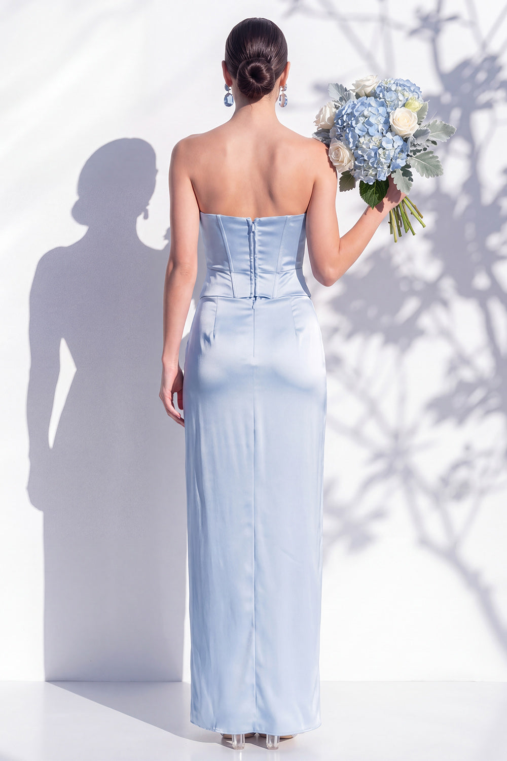 Strapless Ruched Long Butter Yellow Sheath Bridesmaid Dress with Slit