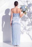 Strapless Ruched Long Butter Yellow Sheath Bridesmaid Dress with Slit