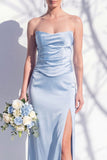 Strapless Ruched Long Butter Yellow Sheath Bridesmaid Dress with Slit