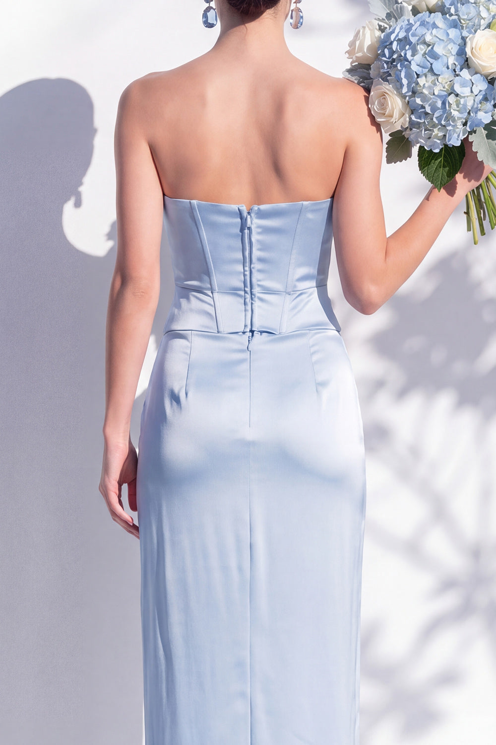 Strapless Ruched Long Butter Yellow Sheath Bridesmaid Dress with Slit