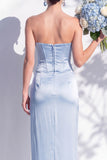 Strapless Ruched Long Butter Yellow Sheath Bridesmaid Dress with Slit