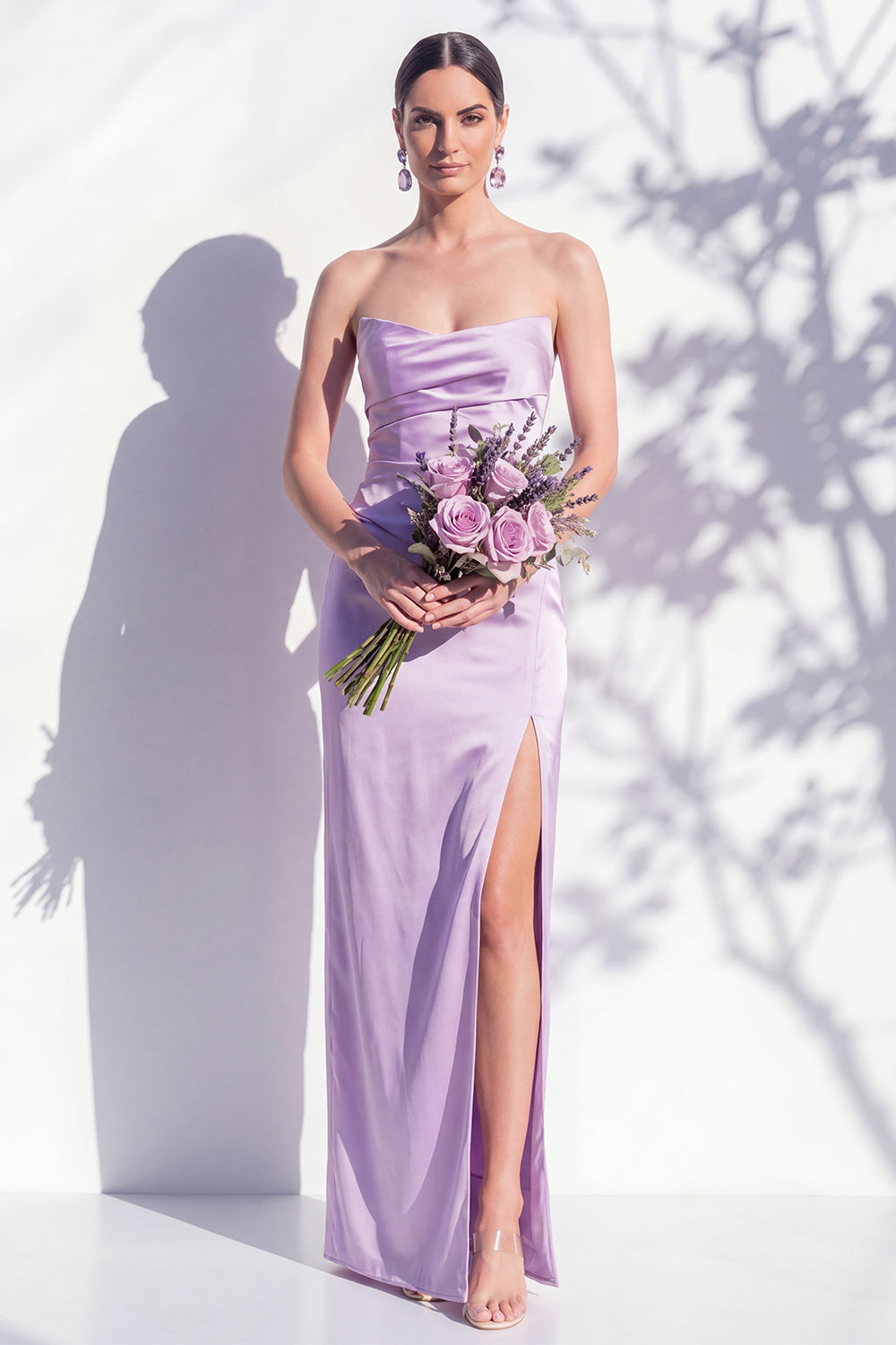 Strapless Ruched Long Butter Yellow Sheath Bridesmaid Dress with Slit