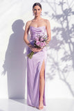 Strapless Ruched Long Butter Yellow Sheath Bridesmaid Dress with Slit