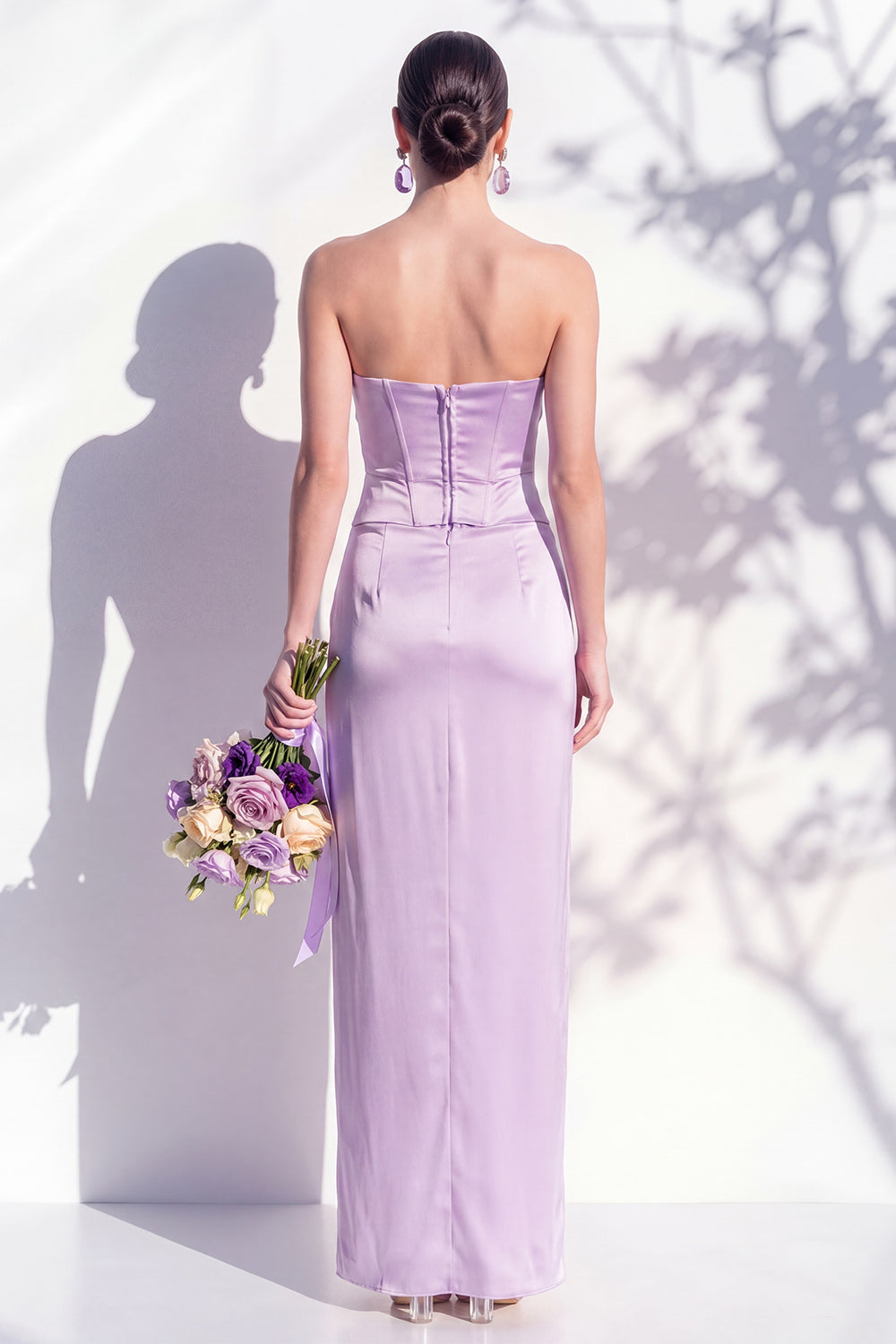 Strapless Ruched Long Butter Yellow Sheath Bridesmaid Dress with Slit
