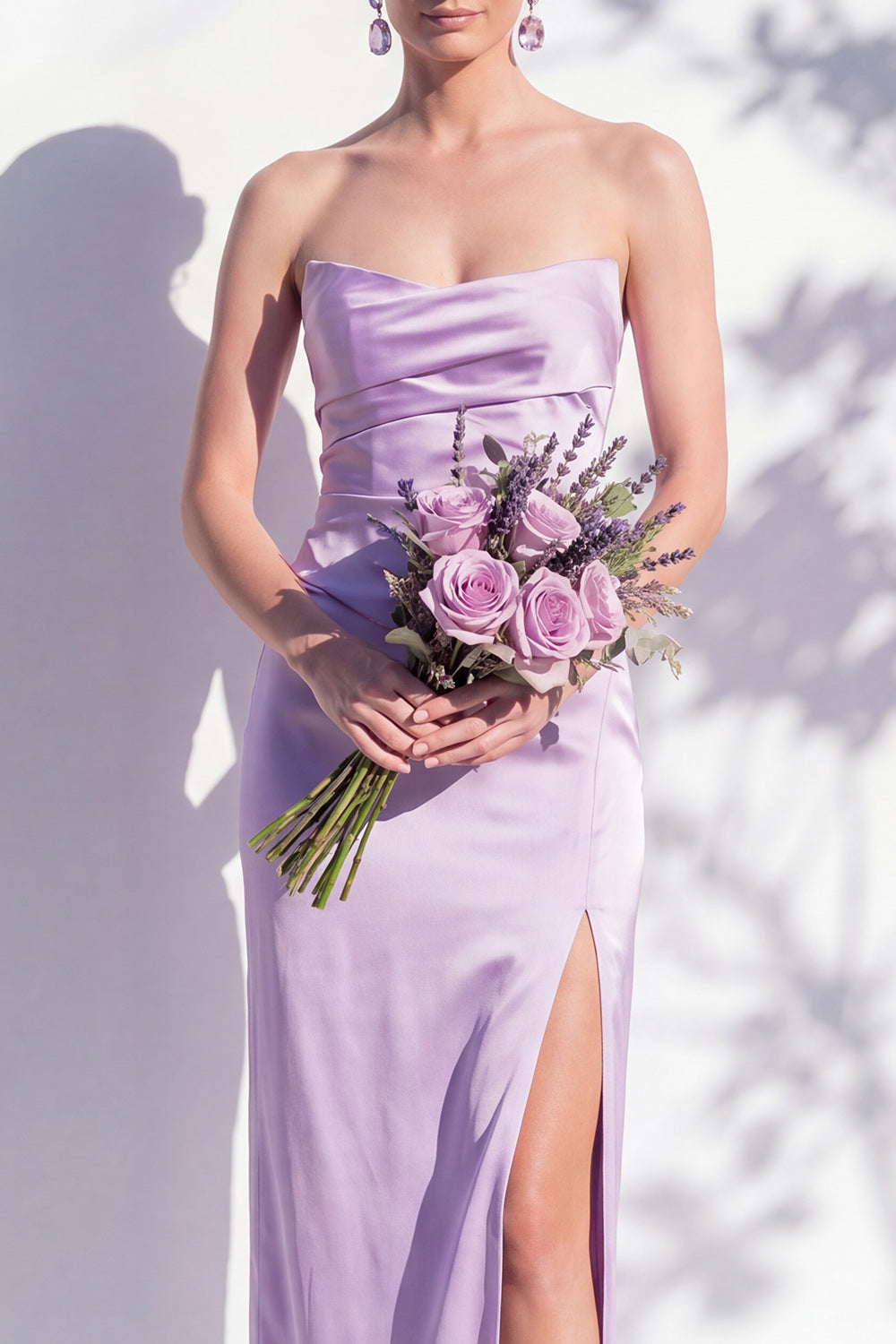 Strapless Ruched Long Butter Yellow Sheath Bridesmaid Dress with Slit