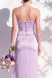 Strapless Ruched Long Butter Yellow Sheath Bridesmaid Dress with Slit