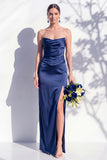 Strapless Ruched Long Butter Yellow Sheath Bridesmaid Dress with Slit