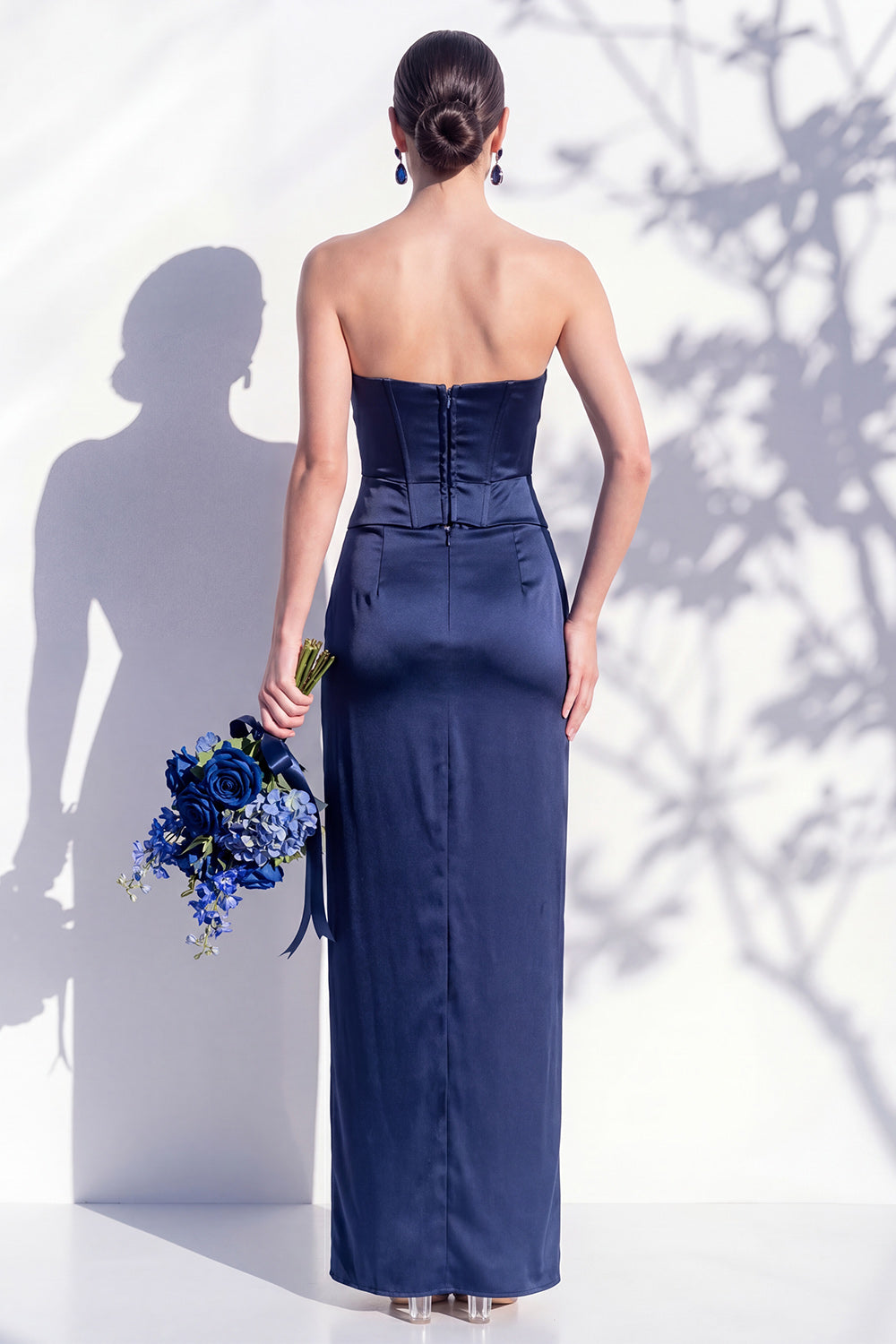 Strapless Ruched Long Butter Yellow Sheath Bridesmaid Dress with Slit