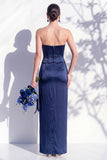 Strapless Ruched Long Butter Yellow Sheath Bridesmaid Dress with Slit