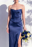 Strapless Ruched Long Butter Yellow Sheath Bridesmaid Dress with Slit