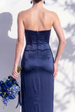Strapless Ruched Long Butter Yellow Sheath Bridesmaid Dress with Slit
