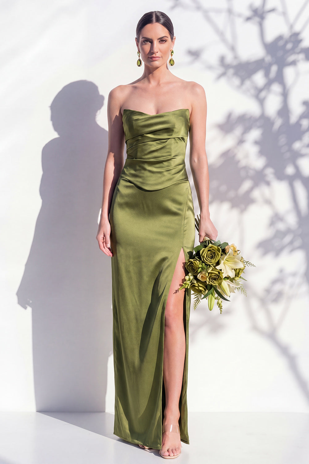 Strapless Ruched Long Butter Yellow Sheath Bridesmaid Dress with Slit