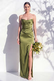 Strapless Ruched Long Butter Yellow Sheath Bridesmaid Dress with Slit