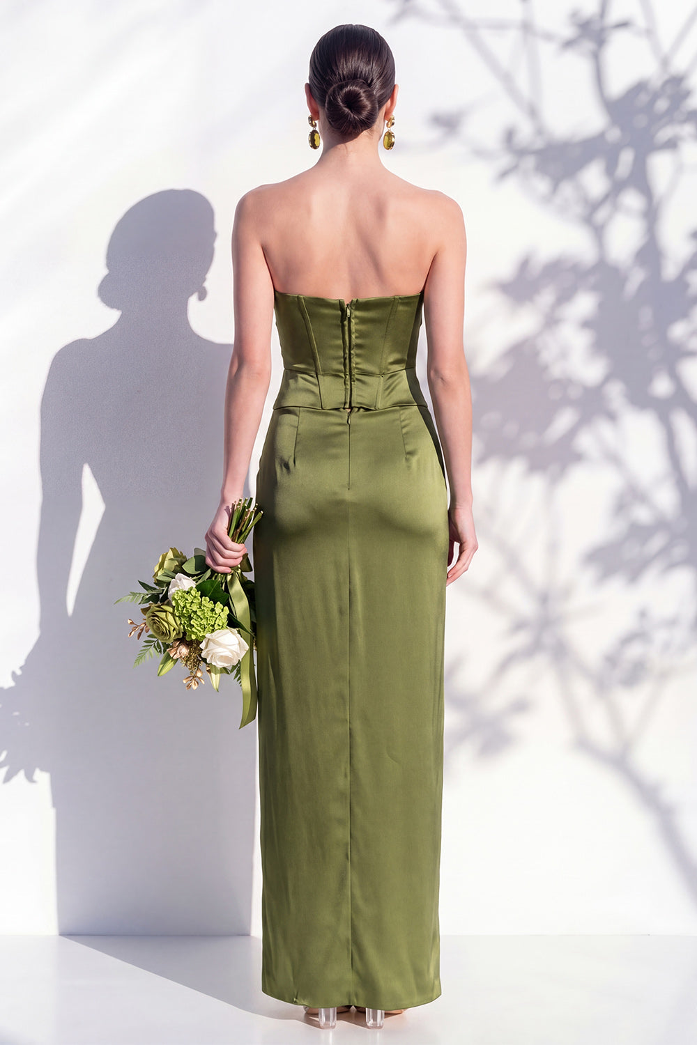 Strapless Ruched Long Butter Yellow Sheath Bridesmaid Dress with Slit