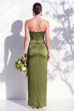 Strapless Ruched Long Butter Yellow Sheath Bridesmaid Dress with Slit