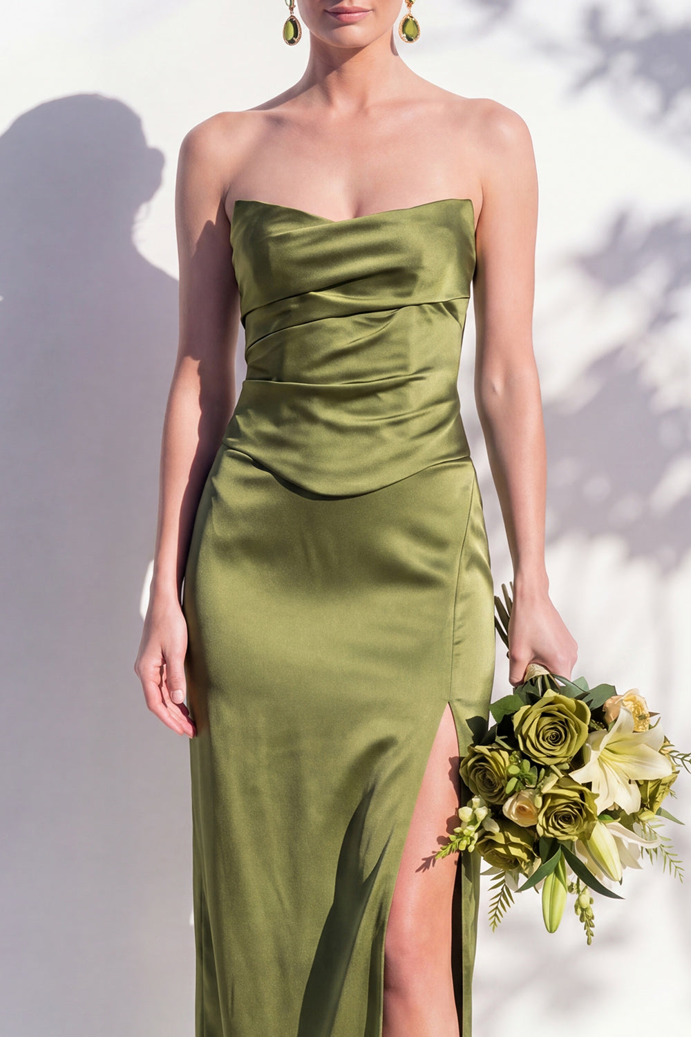 Strapless Ruched Long Butter Yellow Sheath Bridesmaid Dress with Slit