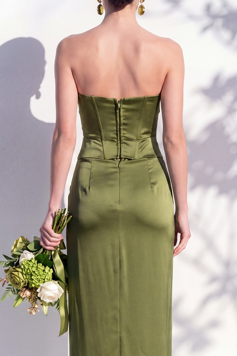 Strapless Ruched Long Butter Yellow Sheath Bridesmaid Dress with Slit