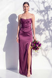 Strapless Ruched Long Butter Yellow Sheath Bridesmaid Dress with Slit