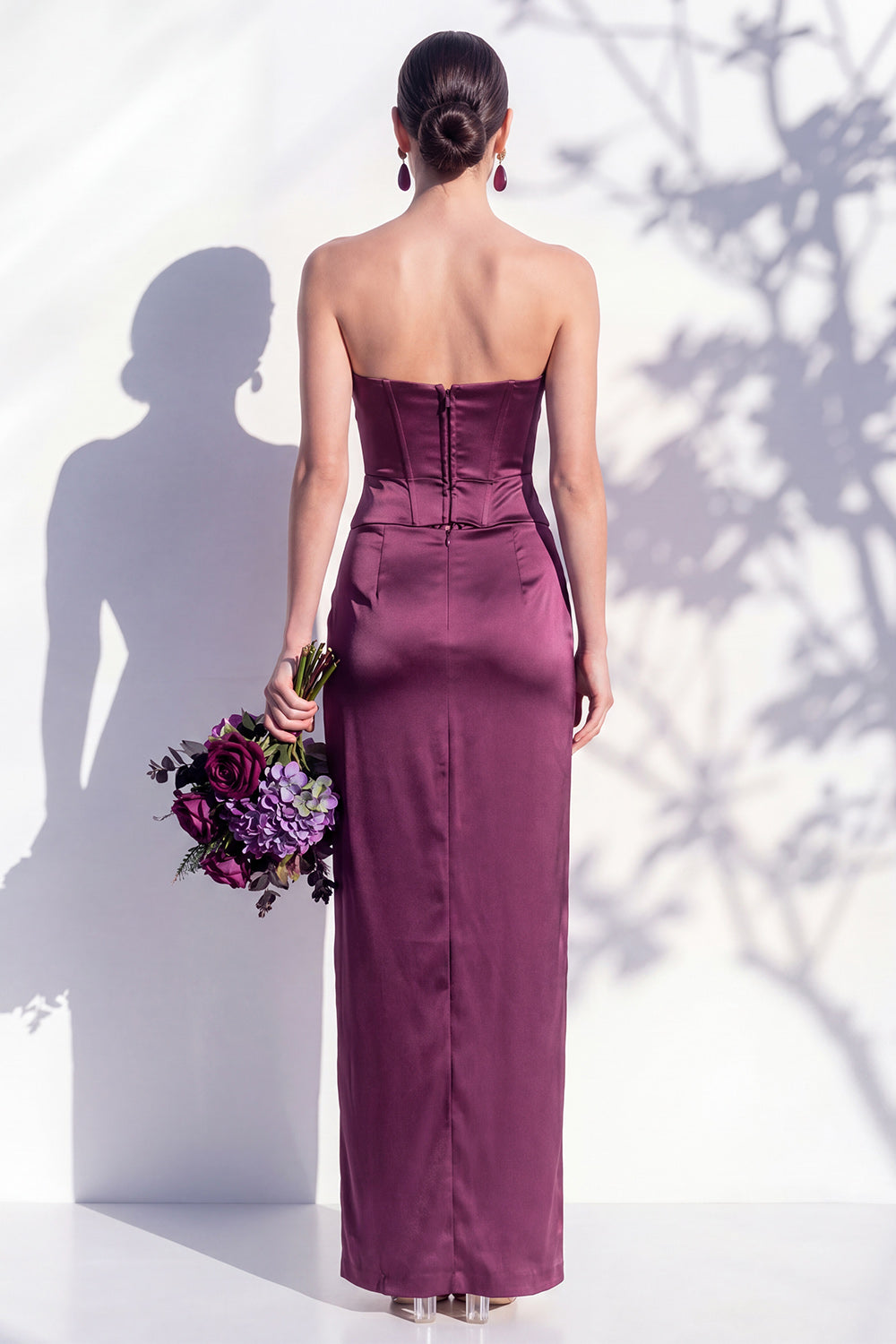 Strapless Ruched Long Butter Yellow Sheath Bridesmaid Dress with Slit