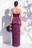 Strapless Ruched Long Butter Yellow Sheath Bridesmaid Dress with Slit