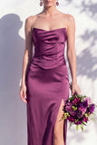 Strapless Ruched Long Butter Yellow Sheath Bridesmaid Dress with Slit