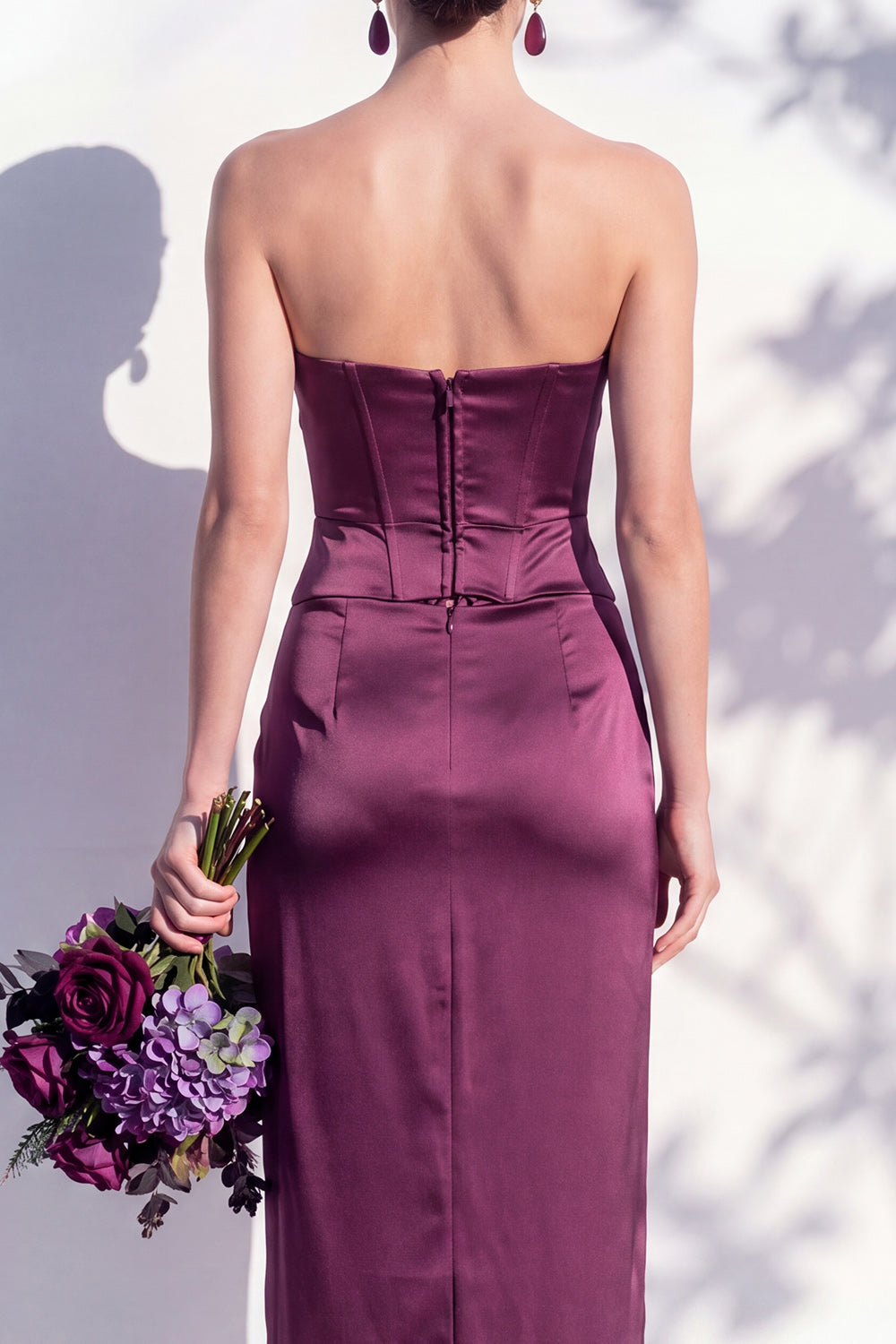 Strapless Ruched Long Butter Yellow Sheath Bridesmaid Dress with Slit