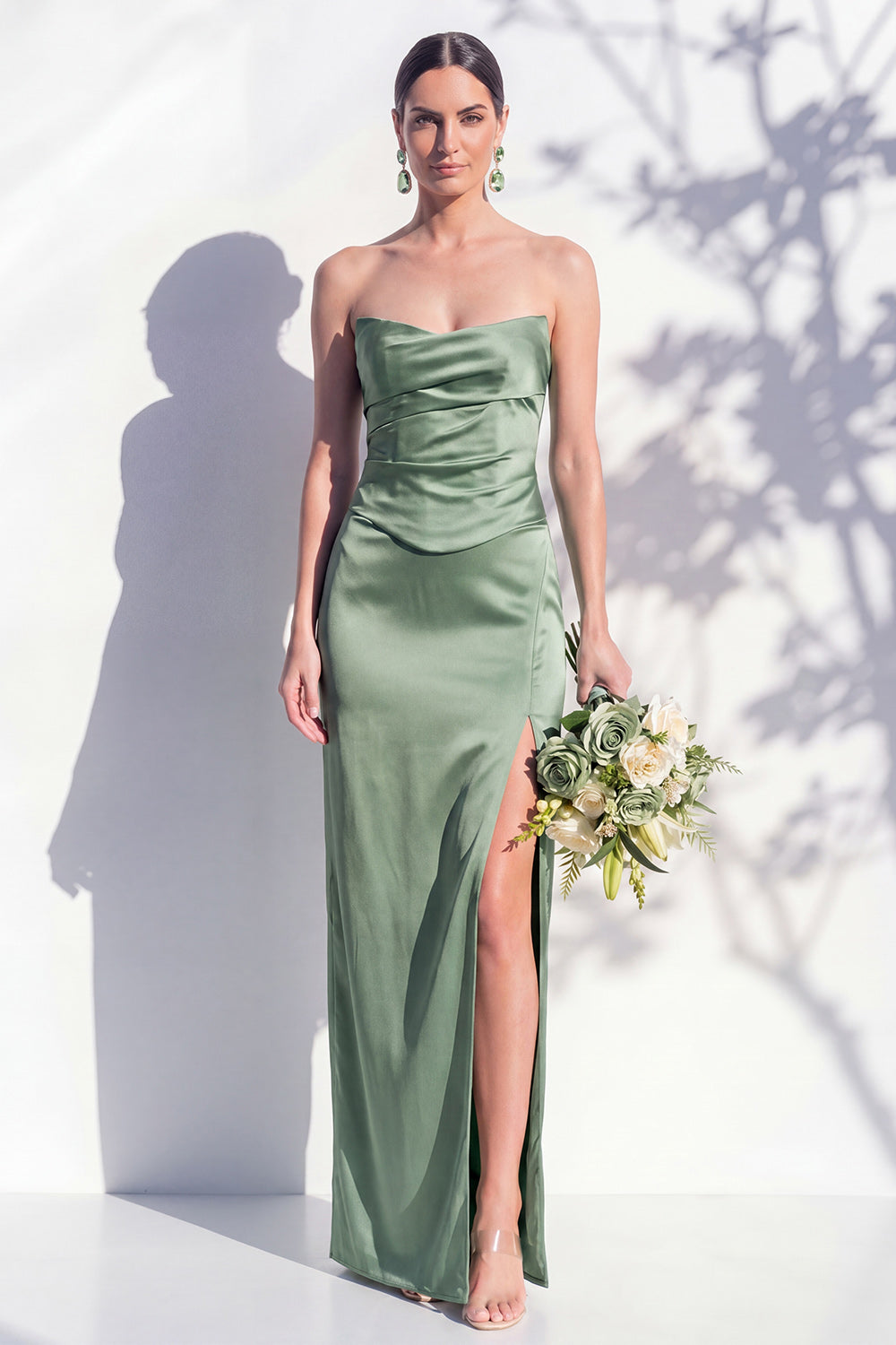 Strapless Ruched Long Butter Yellow Sheath Bridesmaid Dress with Slit