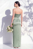 Strapless Ruched Long Butter Yellow Sheath Bridesmaid Dress with Slit