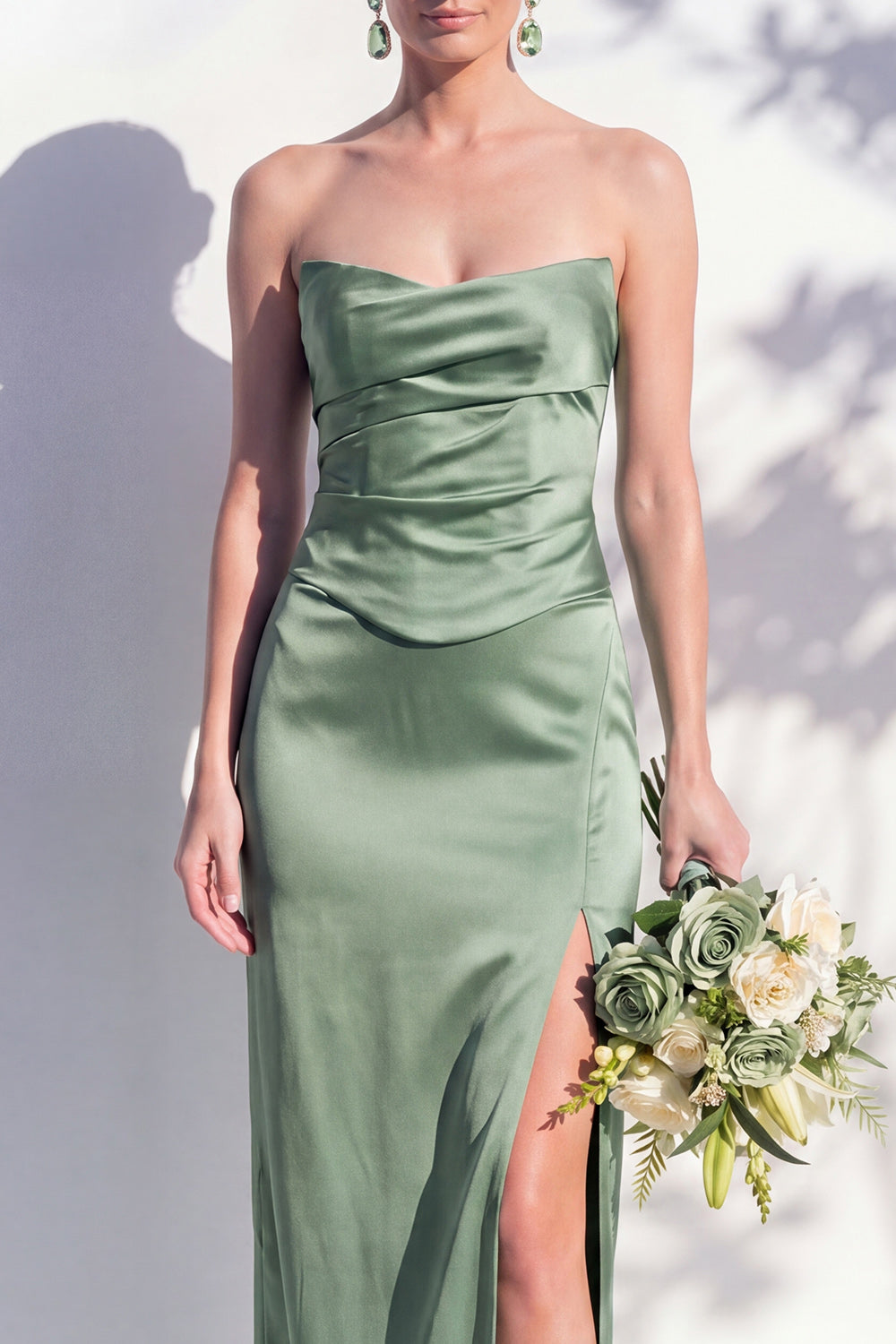 Strapless Ruched Long Butter Yellow Sheath Bridesmaid Dress with Slit
