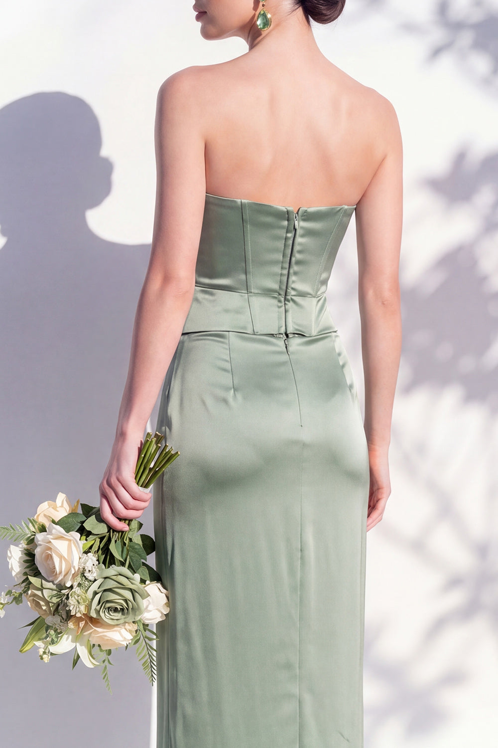 Strapless Ruched Long Butter Yellow Sheath Bridesmaid Dress with Slit