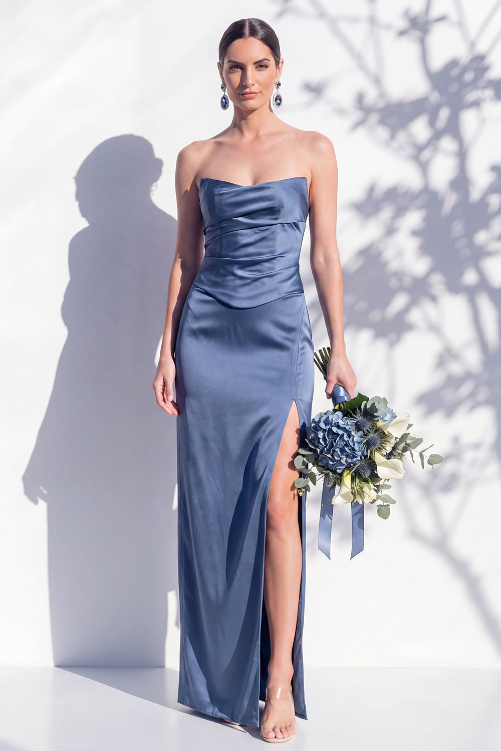 Strapless Ruched Long Butter Yellow Sheath Bridesmaid Dress with Slit