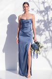 Strapless Ruched Long Butter Yellow Sheath Bridesmaid Dress with Slit