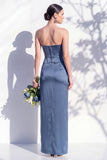 Strapless Ruched Long Butter Yellow Sheath Bridesmaid Dress with Slit