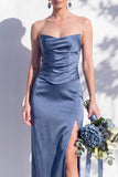 Strapless Ruched Long Butter Yellow Sheath Bridesmaid Dress with Slit