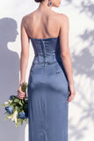 Strapless Ruched Long Butter Yellow Sheath Bridesmaid Dress with Slit