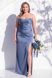 Strapless Ruched Long Butter Yellow Sheath Bridesmaid Dress with Slit