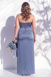 Strapless Ruched Long Butter Yellow Sheath Bridesmaid Dress with Slit