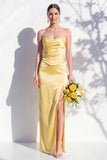 Strapless Ruched Long Butter Yellow Sheath Bridesmaid Dress with Slit