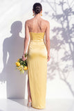 Strapless Ruched Long Butter Yellow Sheath Bridesmaid Dress with Slit