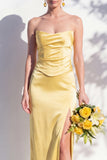 Strapless Ruched Long Butter Yellow Sheath Bridesmaid Dress with Slit