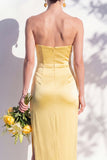 Strapless Ruched Long Butter Yellow Sheath Bridesmaid Dress with Slit